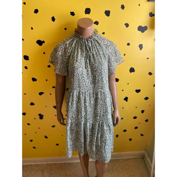 Green Boho Floral Midi Dress | Smocked Neck | Relaxed Fit Cottagecore - Picture 4 of 7